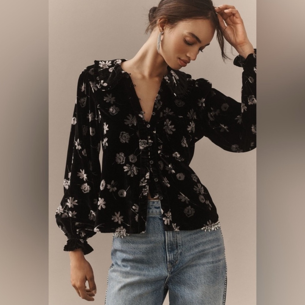 Pilcro *Anthropologie* Keira Black Velvet button front blouse